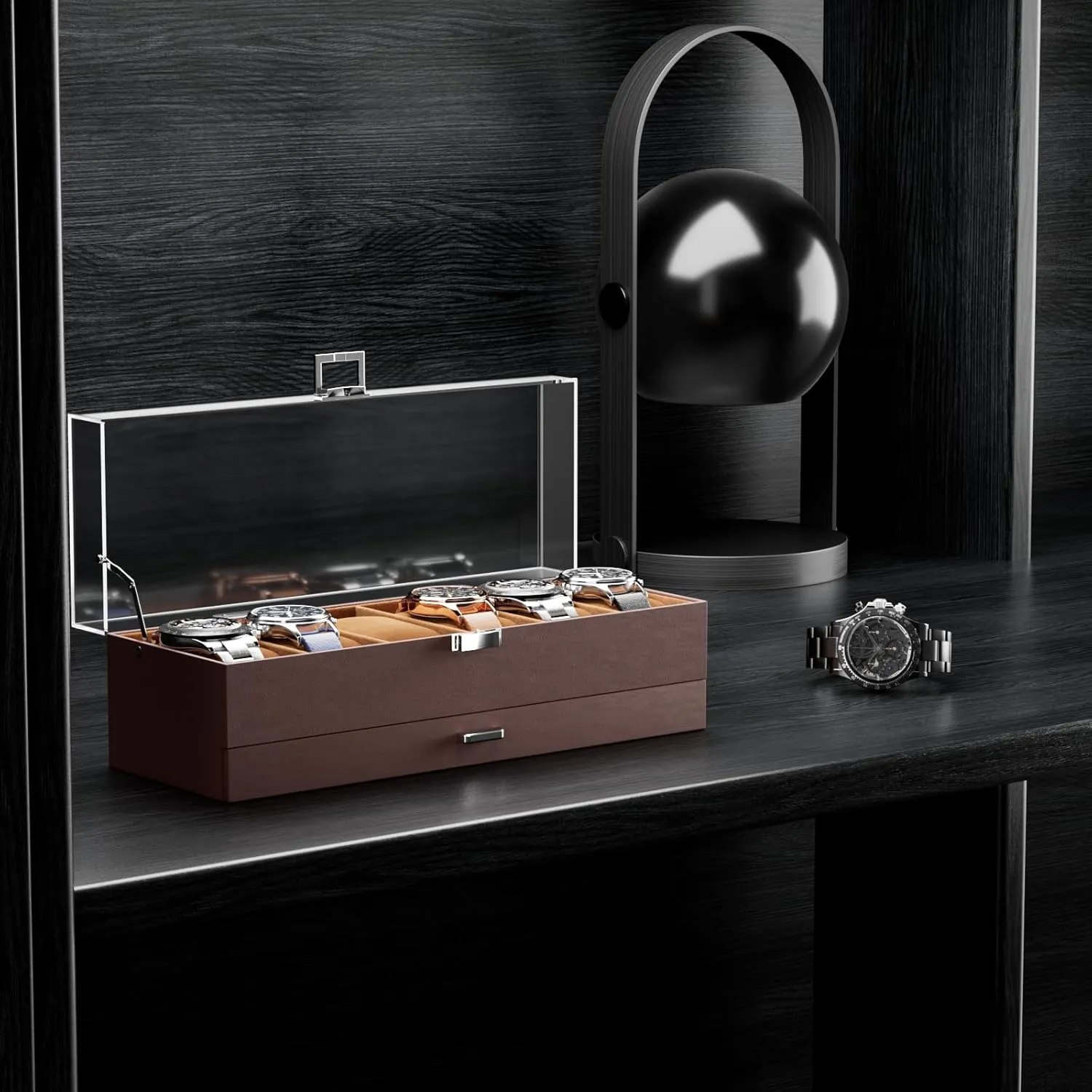 ProCase Watch Case for Men, 6 Slot Watch Display Case With Clear Acrylic Lid, Mens Watch Box Organizer With Drawer, 2-Layer Jewelry and Watch Storage Holder Gift for Men Women -6 Slot, Espresso