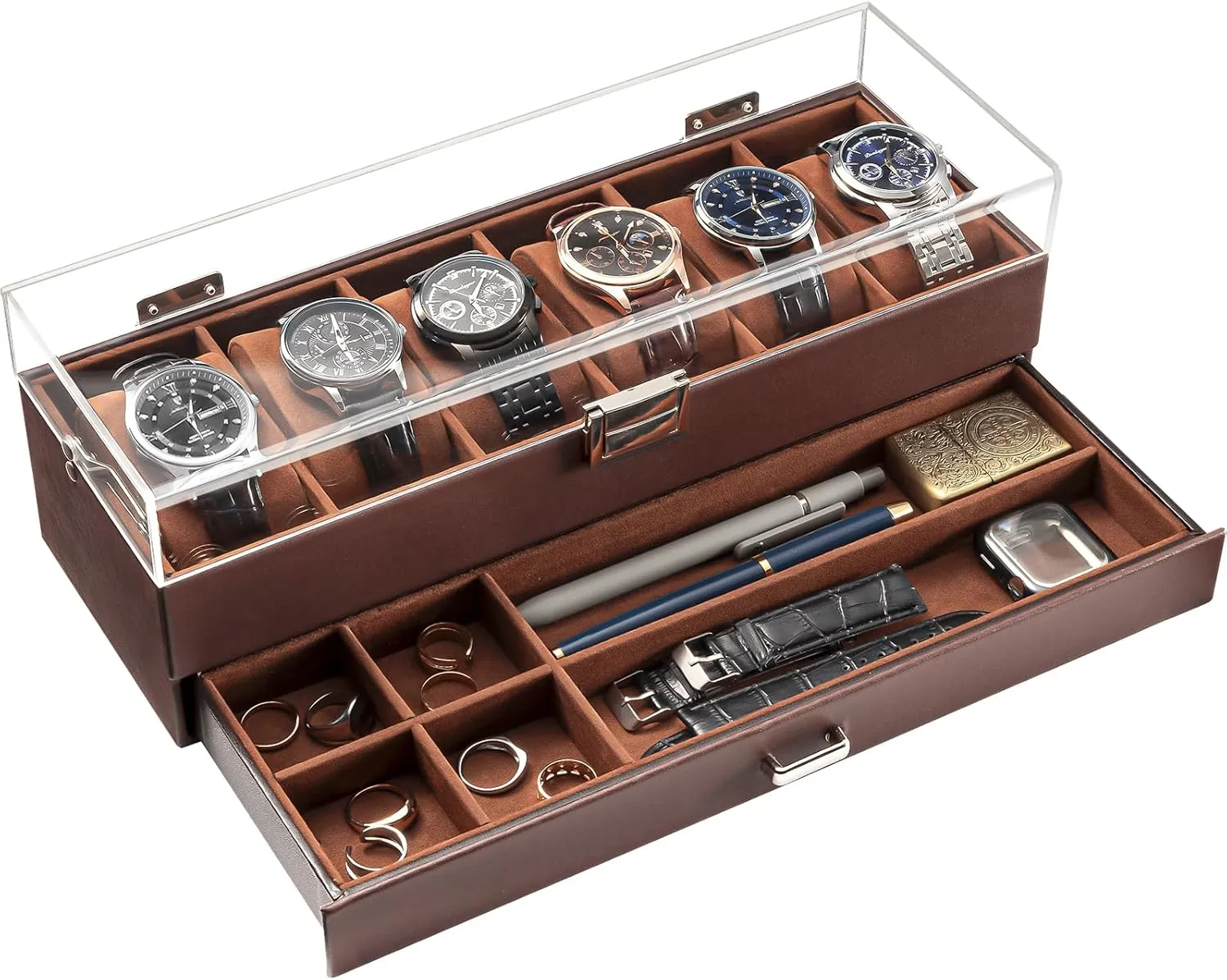 ProCase Watch Case for Men, 6 Slot Watch Display Case With Clear Acrylic Lid, Mens Watch Box Organizer With Drawer, 2-Layer Jewelry and Watch Storage Holder Gift for Men Women -6 Slot, Espresso