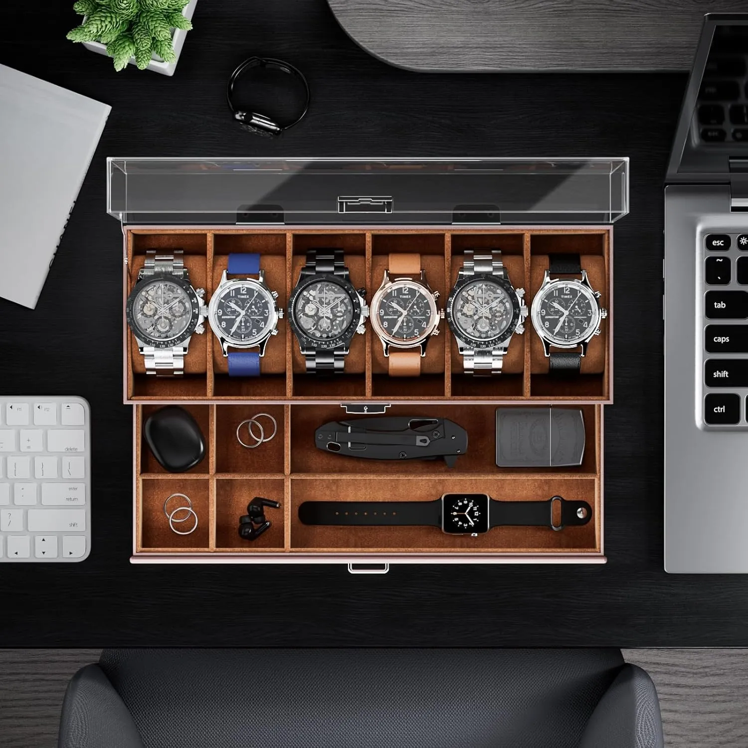 ProCase Watch Case for Men, 6 Slot Watch Display Case With Clear Acrylic Lid, Mens Watch Box Organizer With Drawer, 2-Layer Jewelry and Watch Storage Holder Gift for Men Women -6 Slot, Espresso