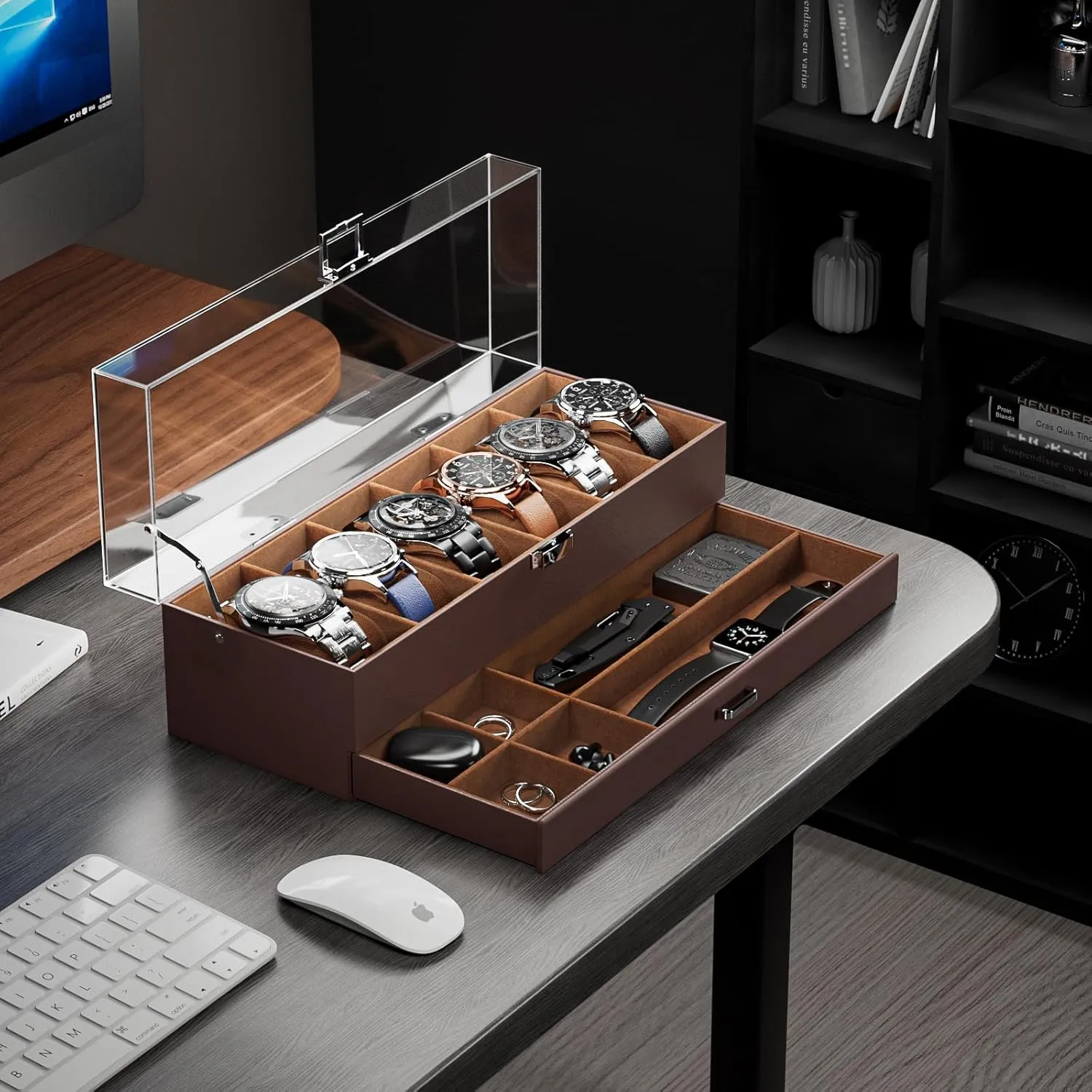 ProCase Watch Case for Men, 6 Slot Watch Display Case With Clear Acrylic Lid, Mens Watch Box Organizer With Drawer, 2-Layer Jewelry and Watch Storage Holder Gift for Men Women -6 Slot, Espresso
