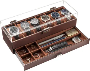 ProCase Watch Case for Men, 6 Slot Watch Display Case With Clear Acrylic Lid, Mens Watch Box Organizer With Drawer, 2-Layer Jewelry and Watch Storage Holder Gift for Men Women -6 Slot, Espresso