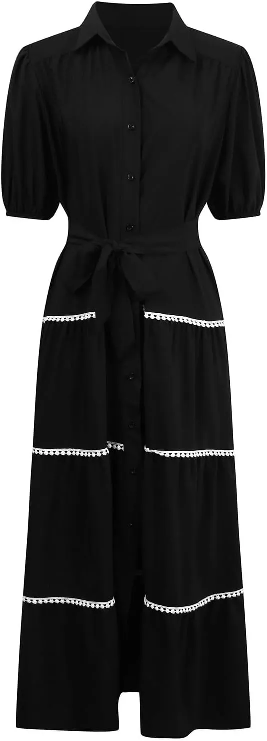 PTOLOCIF Women's Summer Button Up Short Sleeve Layered Pleated Flowing Long Skirt Formal Midi Dress with Sleeves