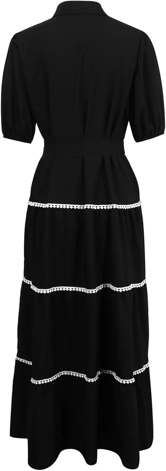PTOLOCIF Women's Summer Button Up Short Sleeve Layered Pleated Flowing Long Skirt Formal Midi Dress with Sleeves