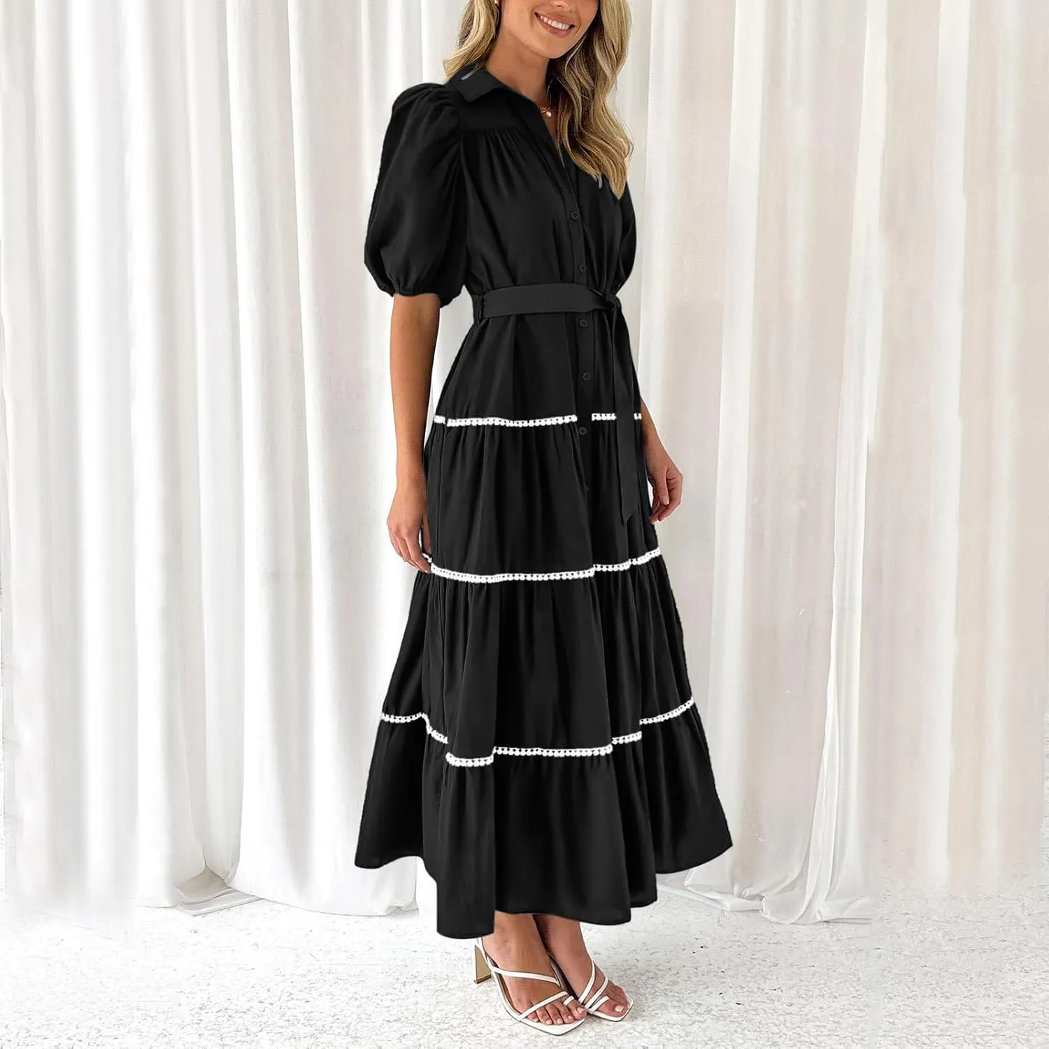 PTOLOCIF Women's Summer Button Up Short Sleeve Layered Pleated Flowing Long Skirt Formal Midi Dress with Sleeves