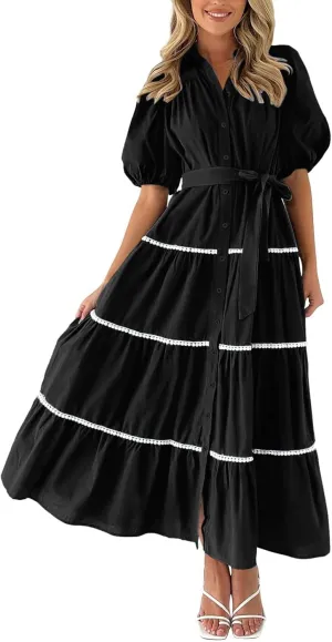 PTOLOCIF Women's Summer Button Up Short Sleeve Layered Pleated Flowing Long Skirt Formal Midi Dress with Sleeves