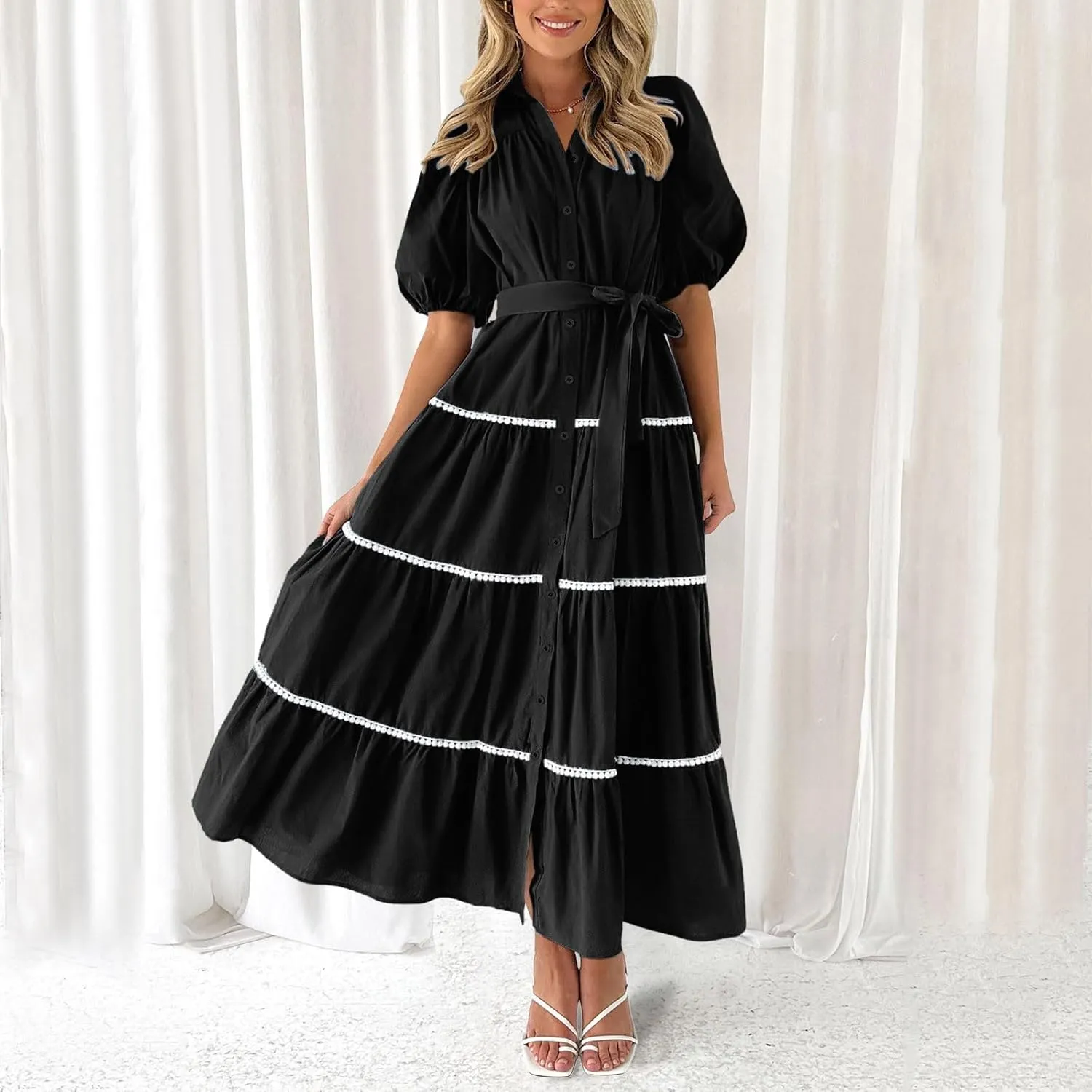 PTOLOCIF Women's Summer Button Up Short Sleeve Layered Pleated Flowing Long Skirt Formal Midi Dress with Sleeves