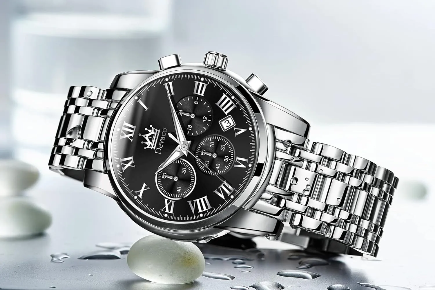 Quartz Mens Watches Stainless Steel Waterproof Watches for Men,Night Light Calendar Chronograph Watch for Men