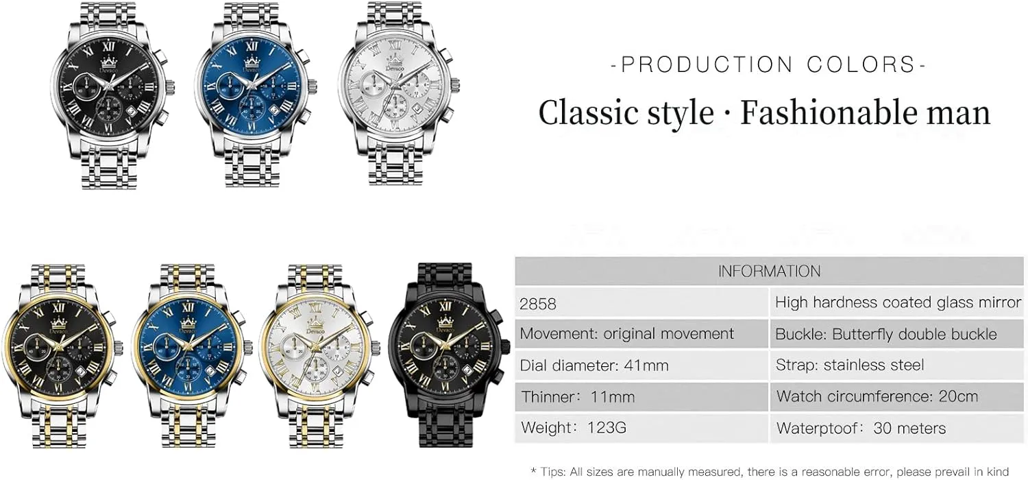 Quartz Mens Watches Stainless Steel Waterproof Watches for Men,Night Light Calendar Chronograph Watch for Men