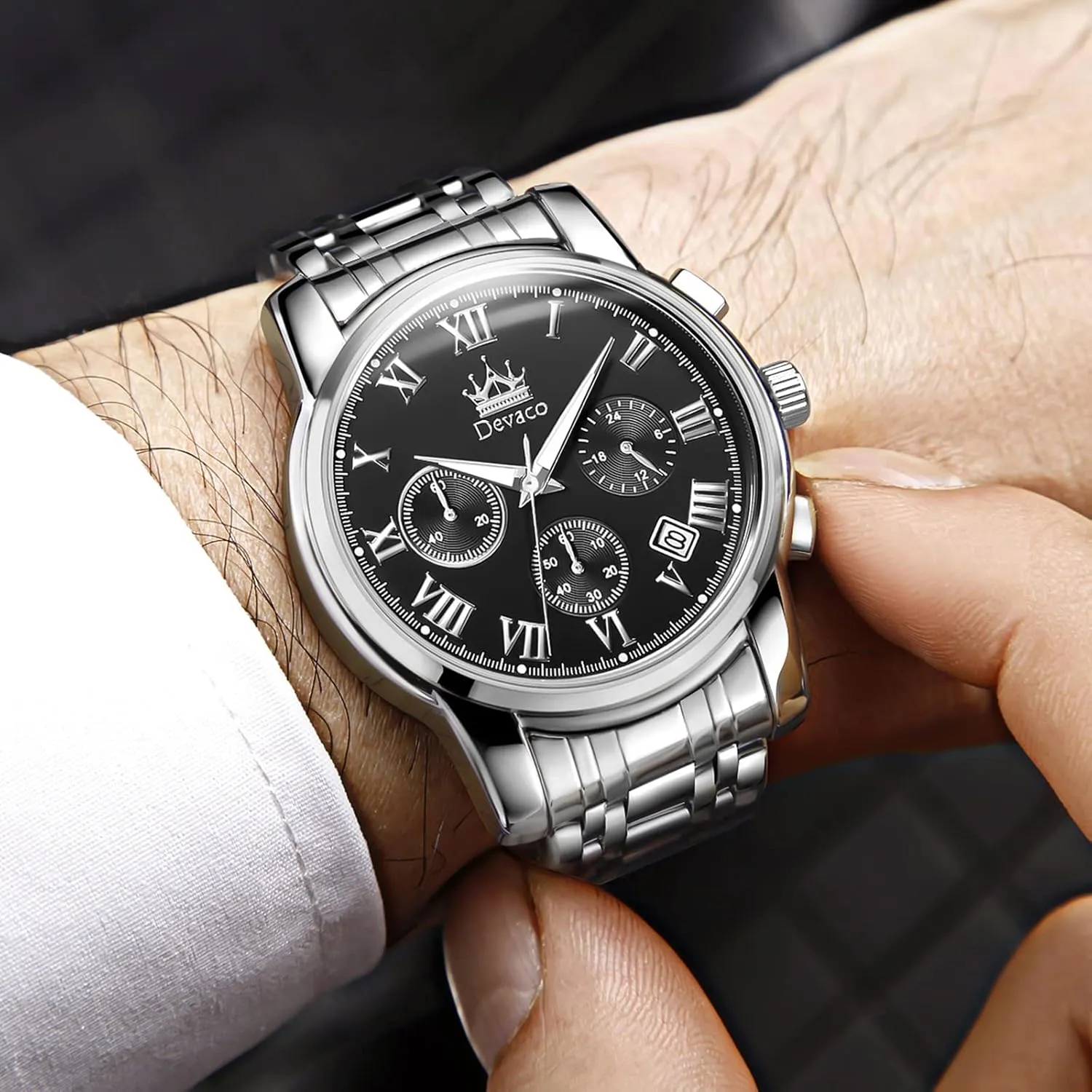 Quartz Mens Watches Stainless Steel Waterproof Watches for Men,Night Light Calendar Chronograph Watch for Men