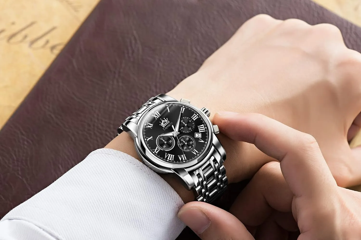 Quartz Mens Watches Stainless Steel Waterproof Watches for Men,Night Light Calendar Chronograph Watch for Men