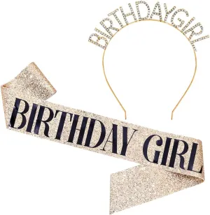 "Birthday Girl" Sash & Rhinestone Headband Set - Birthday Gifts Birthday Sash for Women Birthday Party Supplies (Gold Glitter/Black)