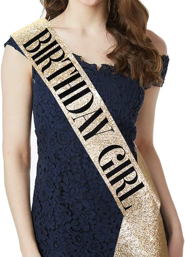 "Birthday Girl" Sash & Rhinestone Headband Set - Birthday Gifts Birthday Sash for Women Birthday Party Supplies (Gold Glitter/Black)