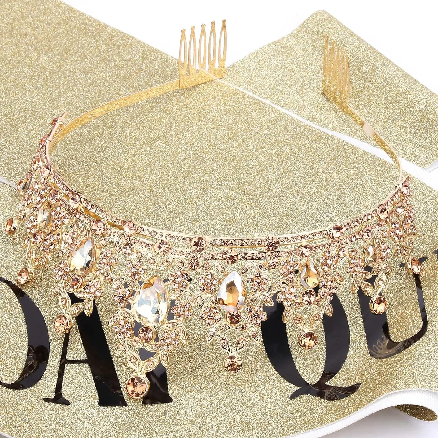 "BIRTHDAY QUEEN" Sash and Tiara for Women Crystal Tiara and Satin Kit for Girl Rhinestones Crown with Comb Glitter Hair Accessories for Prom Party Decoration Cake Topper Accessory Set with Pins