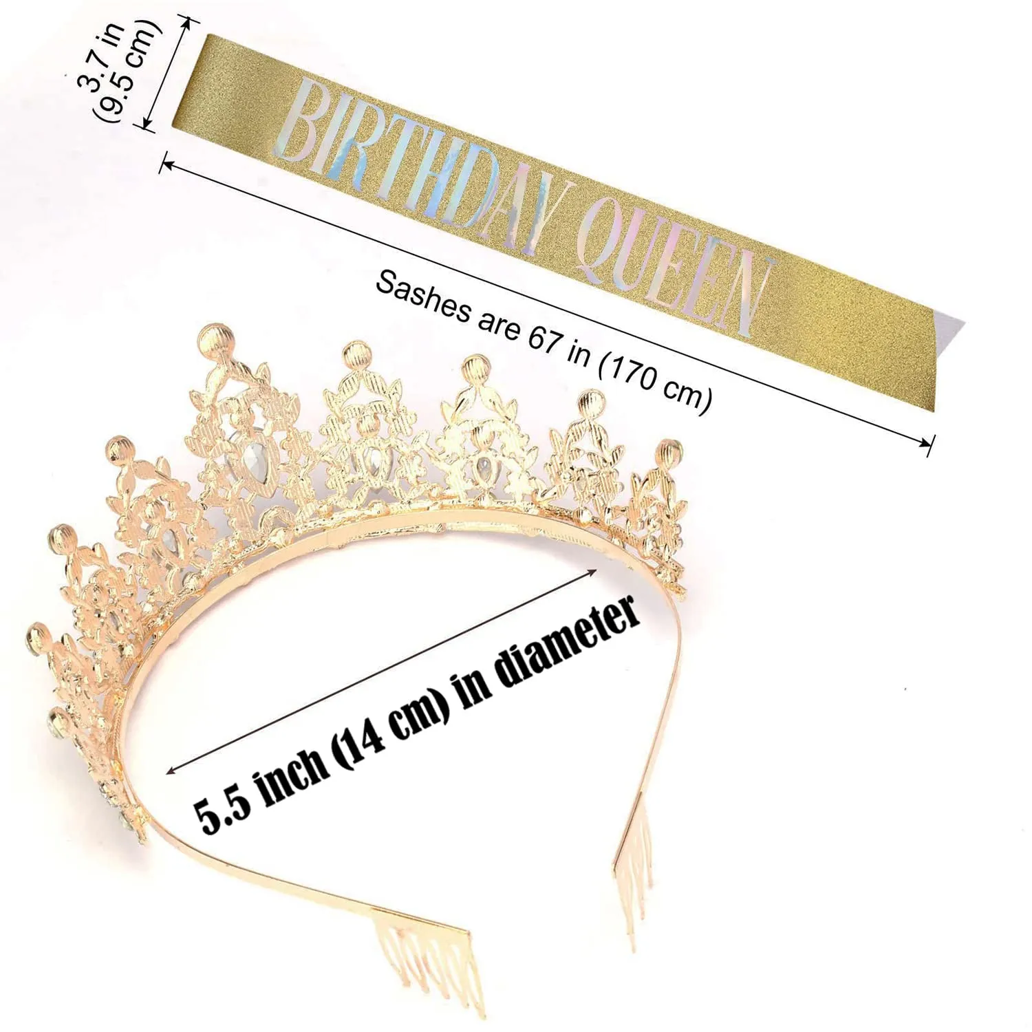 "BIRTHDAY QUEEN" Sash and Tiara for Women Crystal Tiara and Satin Kit for Girl Rhinestones Crown with Comb Glitter Hair Accessories for Prom Party Decoration Cake Topper Accessory Set with Pins