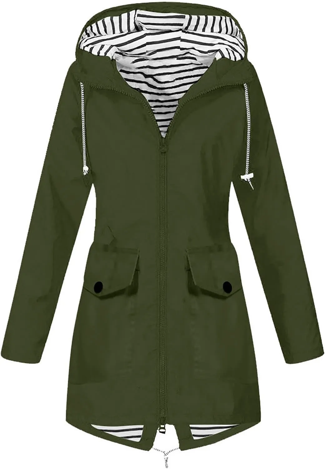 Rain Jacket Women Waterproof Long Hooded Rain Coats Striped Lined Trench Coats Hiking Travel Windbreaker 2024