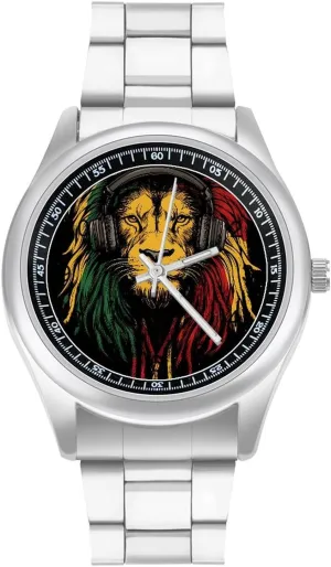 Rastafarian Lion Jamaica Wrist Watches for Men Metal Band Watch Fashion Three-Hand Watches Gift for Boyfriend Father