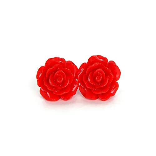 Red Rose Earrings, Flower Stud Earrings for Women, Hypoallergenic Nickel Free, Handmade in USA