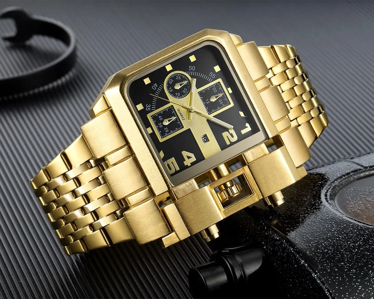 Reginald Hip hop Men's Watch Big Face Watch for Men Square Novel Face Dial Stainless Steel Quartz Leather Strap WristWatches