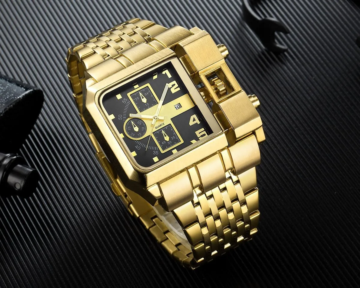 Reginald Hip hop Men's Watch Big Face Watch for Men Square Novel Face Dial Stainless Steel Quartz Leather Strap WristWatches