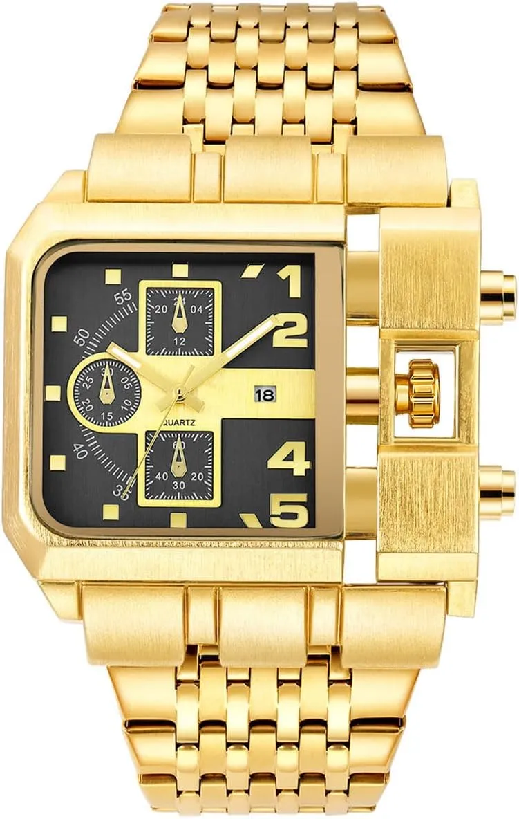 Reginald Hip hop Men's Watch Big Face Watch for Men Square Novel Face Dial Stainless Steel Quartz Leather Strap WristWatches