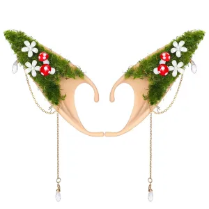 Renaissance Fairy Mushroom Elf Ears - Forest Ear Cuffs with White Mushroom Moss and Flower Non Piercing Earrings Ear Clips Wraps for Women Cosplay Christmas Halloween Renaissance Costume Accessories