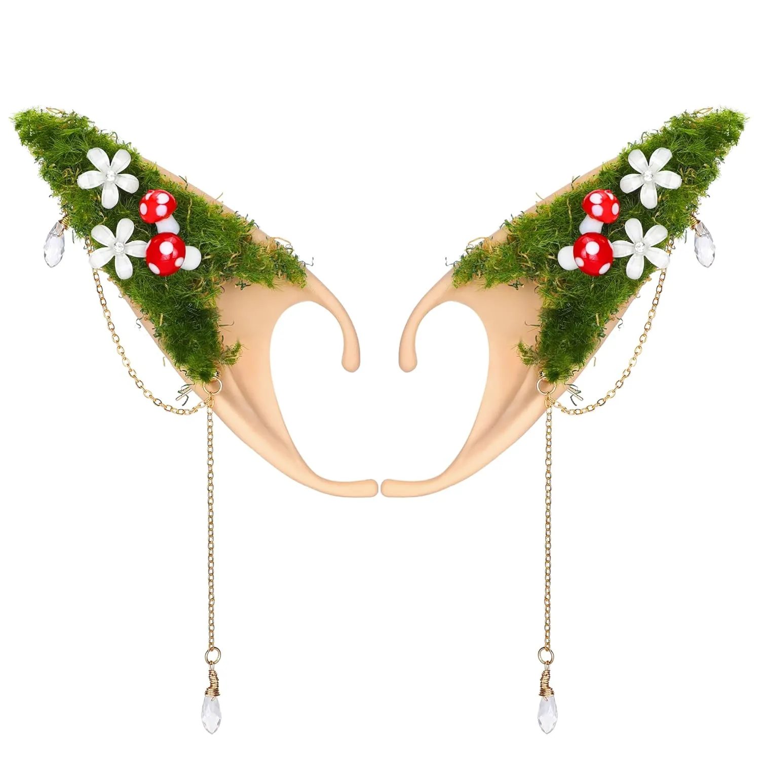 Renaissance Fairy Mushroom Elf Ears - Forest Ear Cuffs with White Mushroom Moss and Flower Non Piercing Earrings Ear Clips Wraps for Women Cosplay Christmas Halloween Renaissance Costume Accessories