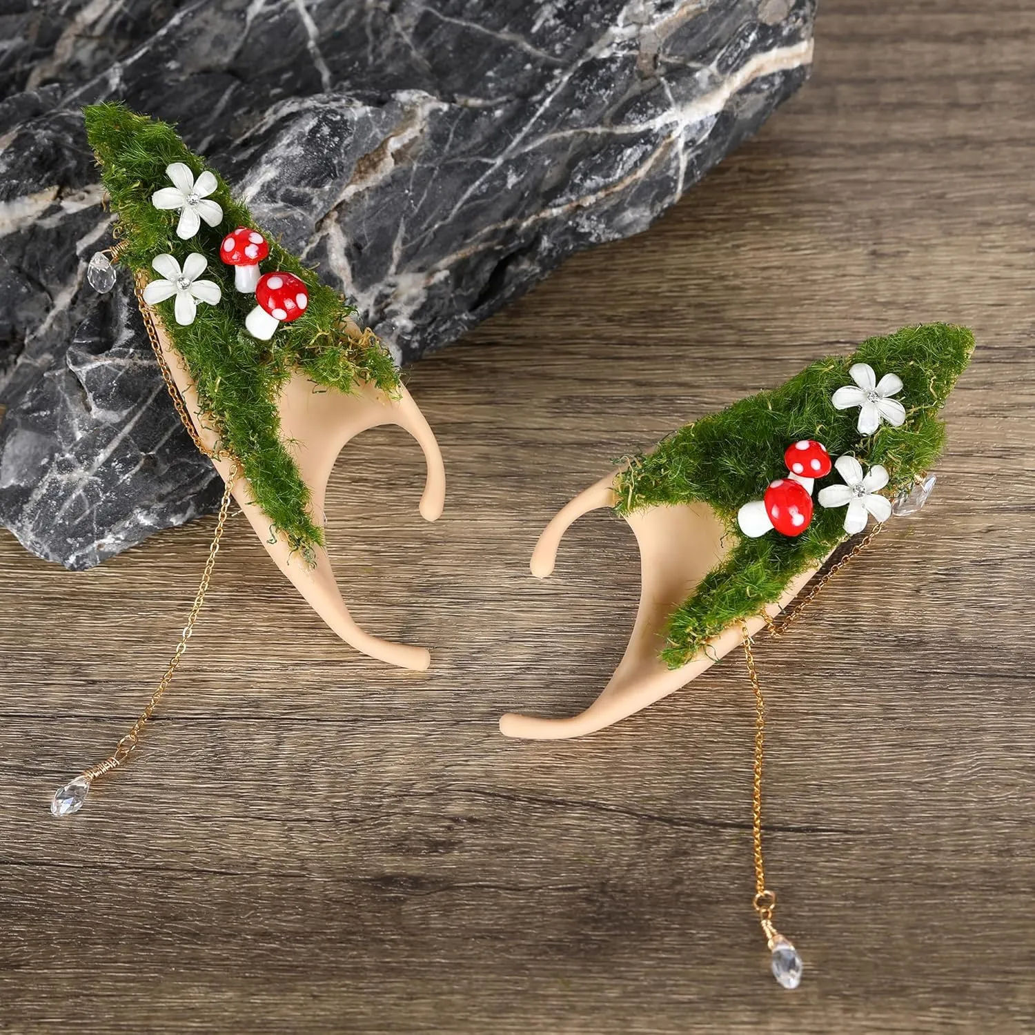 Renaissance Fairy Mushroom Elf Ears - Forest Ear Cuffs with White Mushroom Moss and Flower Non Piercing Earrings Ear Clips Wraps for Women Cosplay Christmas Halloween Renaissance Costume Accessories