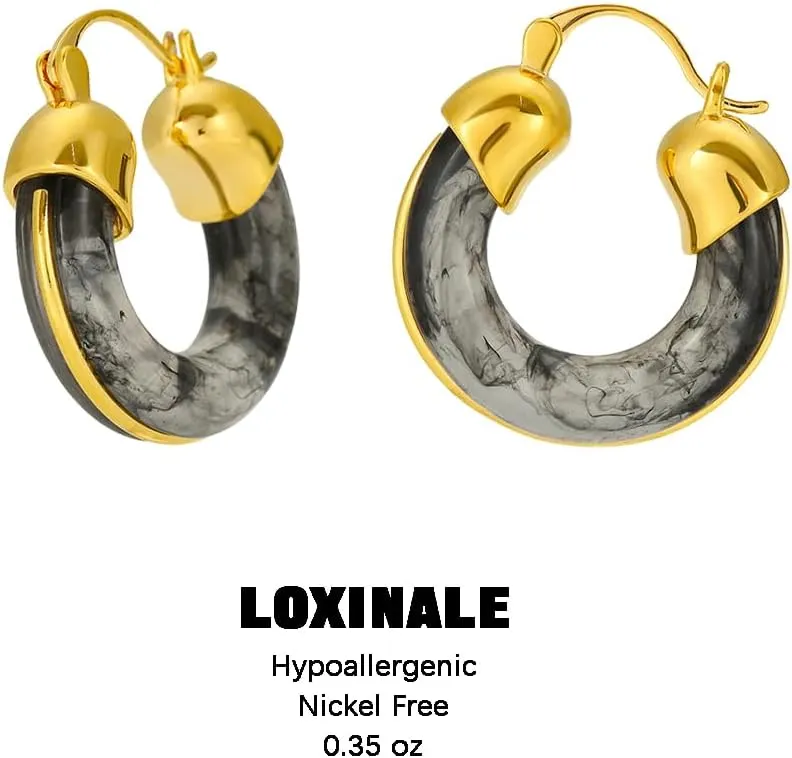 Resin Hoops Earrings - Statement Loop Earings Hypoallergenic Nickel Free, U Shape Latch Back Earings for Sensitive Earlobes