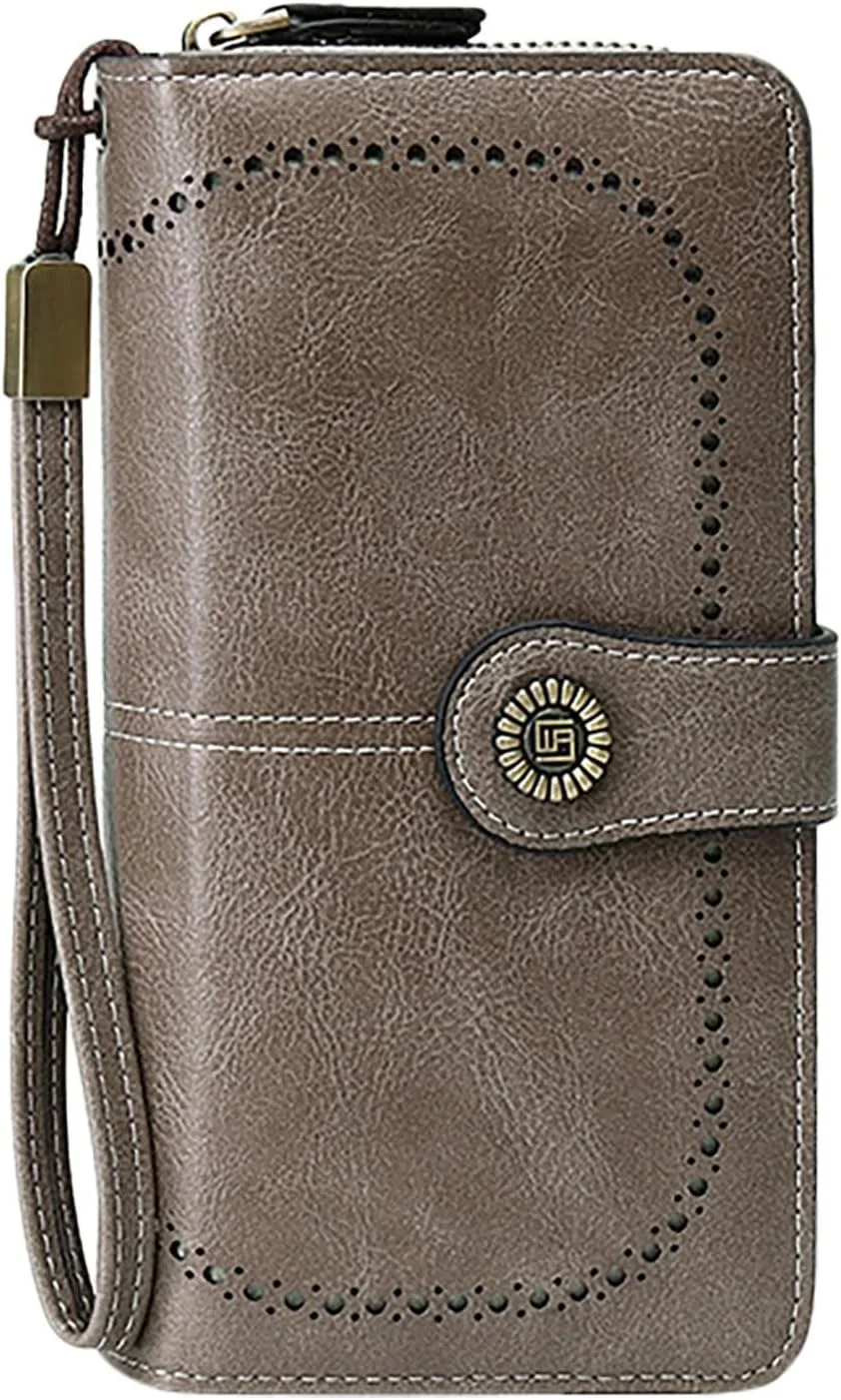 Rfid Wallet Women, Leather Wallet Wristlet, Large Capacity Zip Around Bifold Rfid Blocking Credit Card Holder Clutch Purses