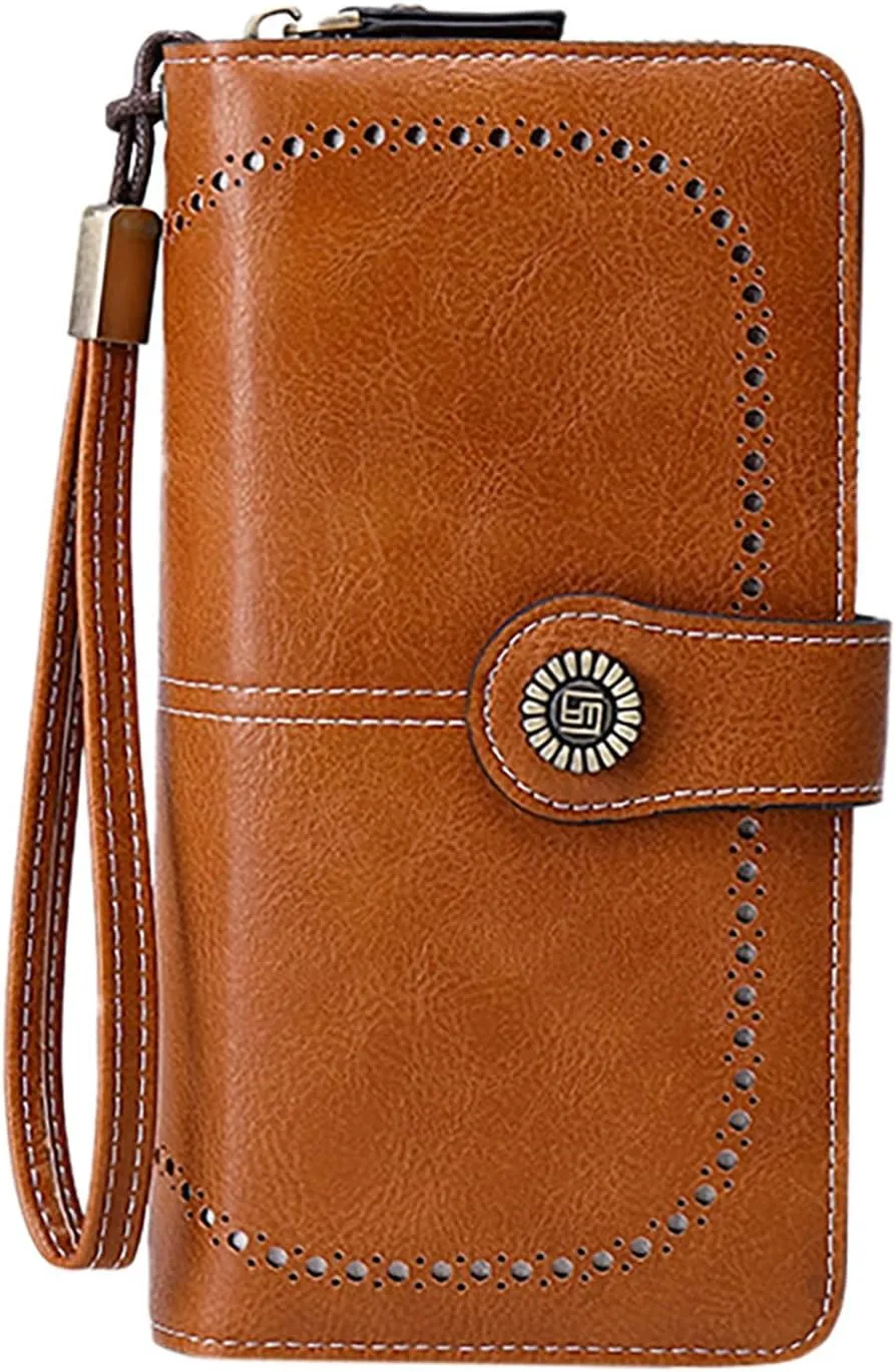 Rfid Wallet Women, Leather Wallet Wristlet, Zip Around Bifold Rfid Blocking Large Capacity Credit Card Wallet Clutch Purses