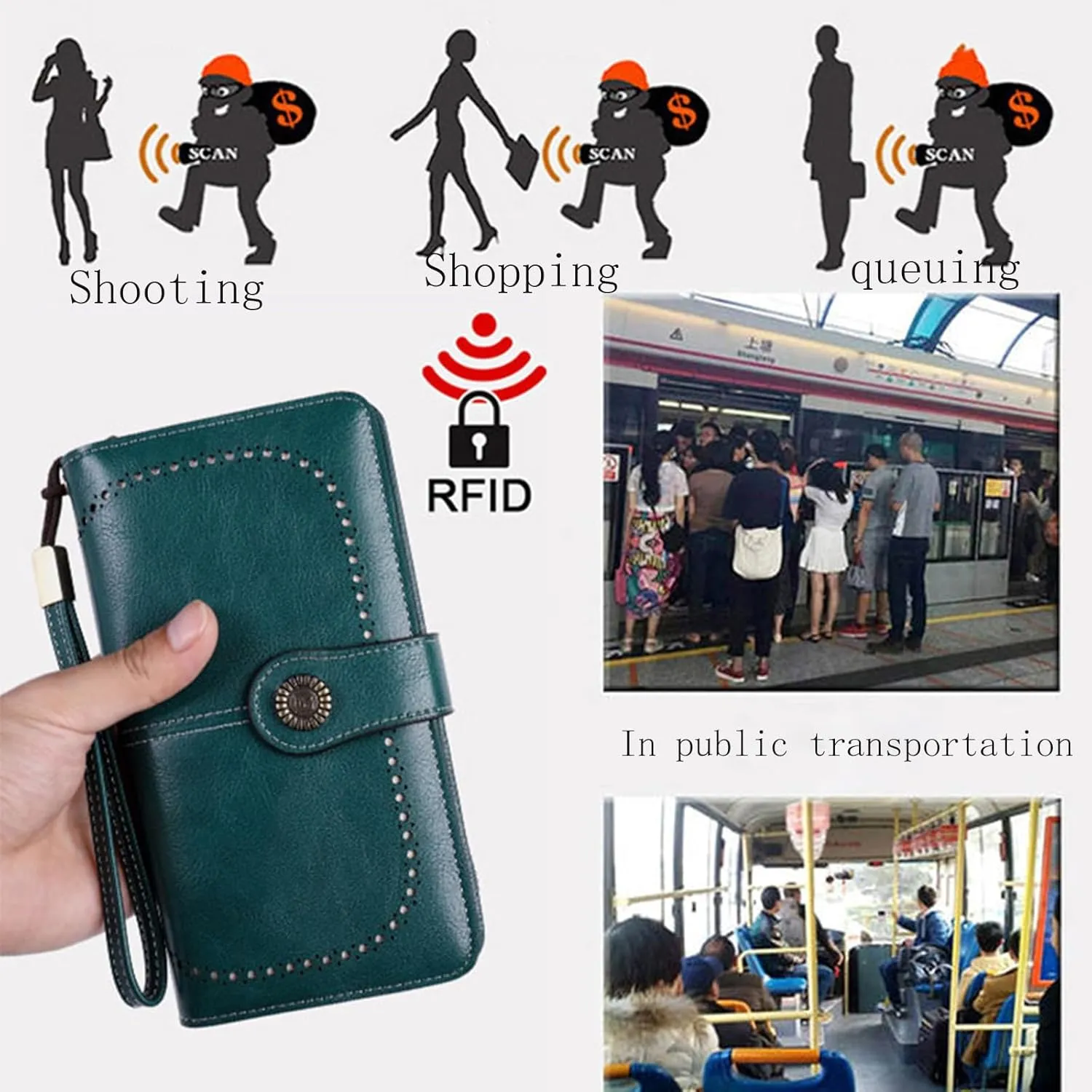 Rfid Wallet Women, Leather Wallet Wristlet, Zip Around Rfid Blocking Large Capacity Bifold Clutch Purses Credit Card Holder