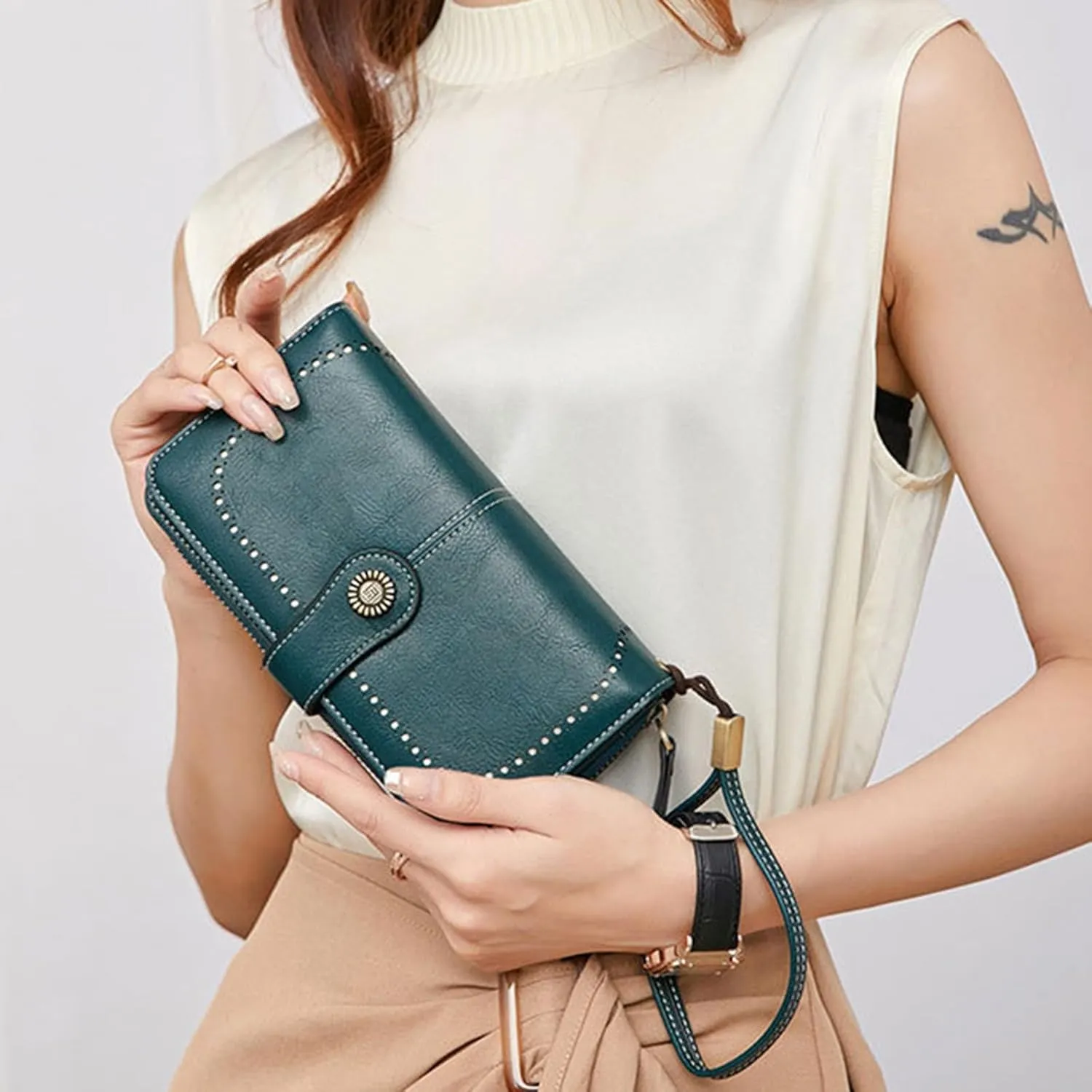 Rfid Wallet Women, Leather Wristlet Wallets, Bifold Large Capacity Rfid Blocking Zip Around Clutch Purses Credit Card Holder