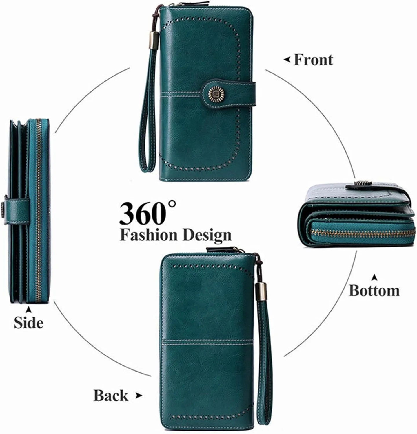 Rfid Wallet Women, Leather Wristlet Wallets, Bifold Large Capacity Rfid Blocking Zip Around Credit Card Wallet Clutch Purses