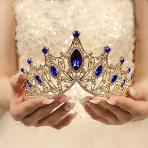 Rhinestone Crystal Tiara Crown for Women Silver Bridal Wedding Headband Elegant Princess Hair Accessories for Birthday Prom Quinceanera (Gold-deep blue, Standard)