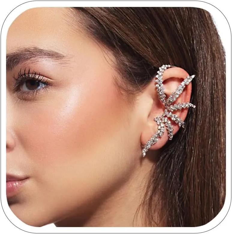 Rhinestone Ear Cuff Earrings Non Piercing Silver Wrap Ear Cuffs Crystal Ear Climber Earrings for Women Full Ear Jewelry