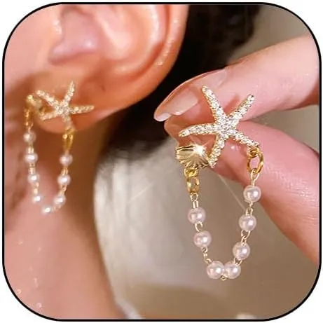 Rhinestone Starfish Earrings for Women Sea Shell Pearl Chain Earrings for Women Hawaii Beach Vacation Jewelry Gift