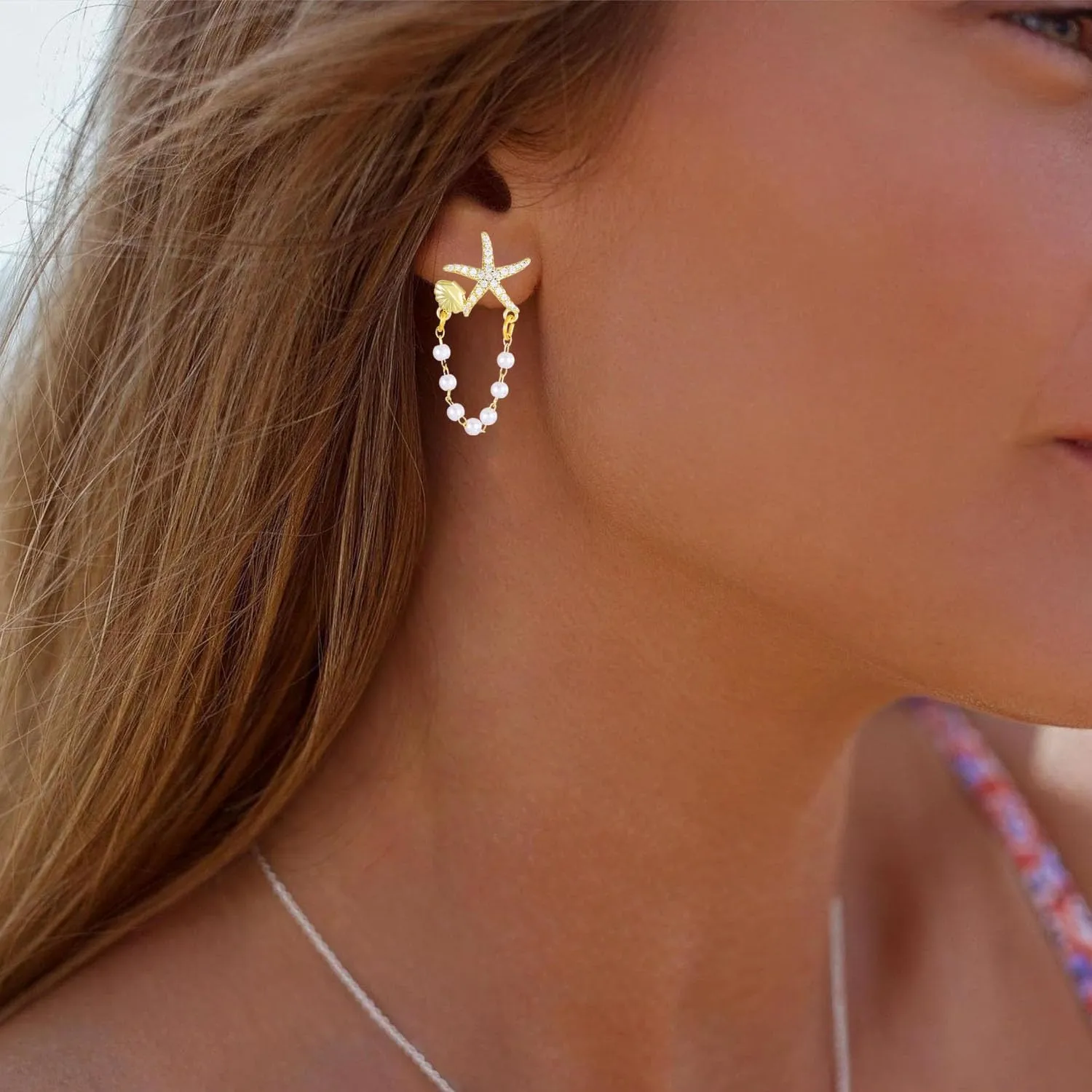 Rhinestone Starfish Earrings for Women Sea Shell Pearl Chain Earrings for Women Hawaii Beach Vacation Jewelry Gift