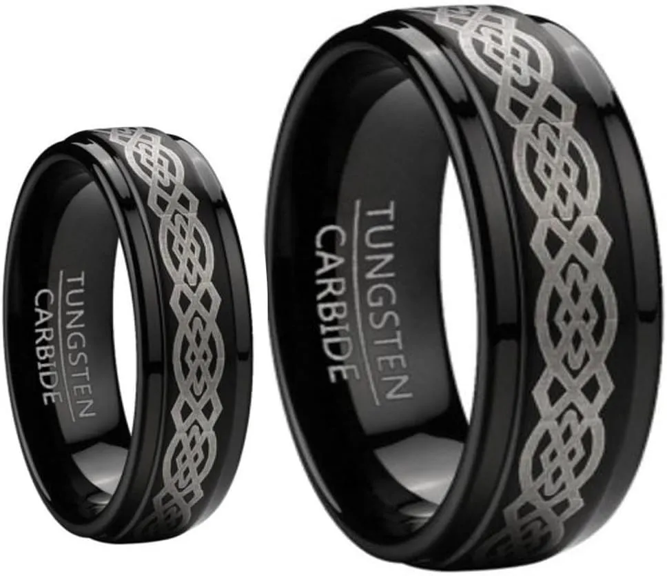 Ring for Men and Ring for Women 8MM & 6MM Black Tungsten Carbide Wedding and engagement Bridal Band Ring Sets w/Laser Etched Celtic Design