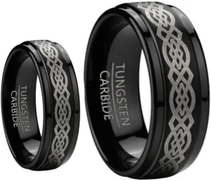 Ring for Men and Ring for Women 8MM & 6MM Black Tungsten Carbide Wedding and engagement Bridal Band Ring Sets w/Laser Etched Celtic Design