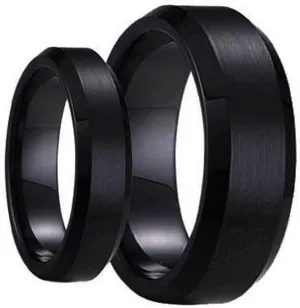 Ring for Men and Ring for Women Swinger Black Ring Set His & Her's Matching 6mm / 8mm Black Brushed Center with Polished Edge Tungsten Carbide Wedding and engagement bridal Band Set