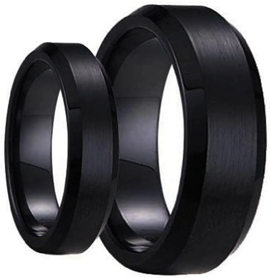 Ring for Men and Ring for Women Swinger Black Ring Set His & Her's Matching 6mm / 8mm Black Brushed Center with Polished Edge Tungsten Carbide Wedding and engagement bridal Band Set
