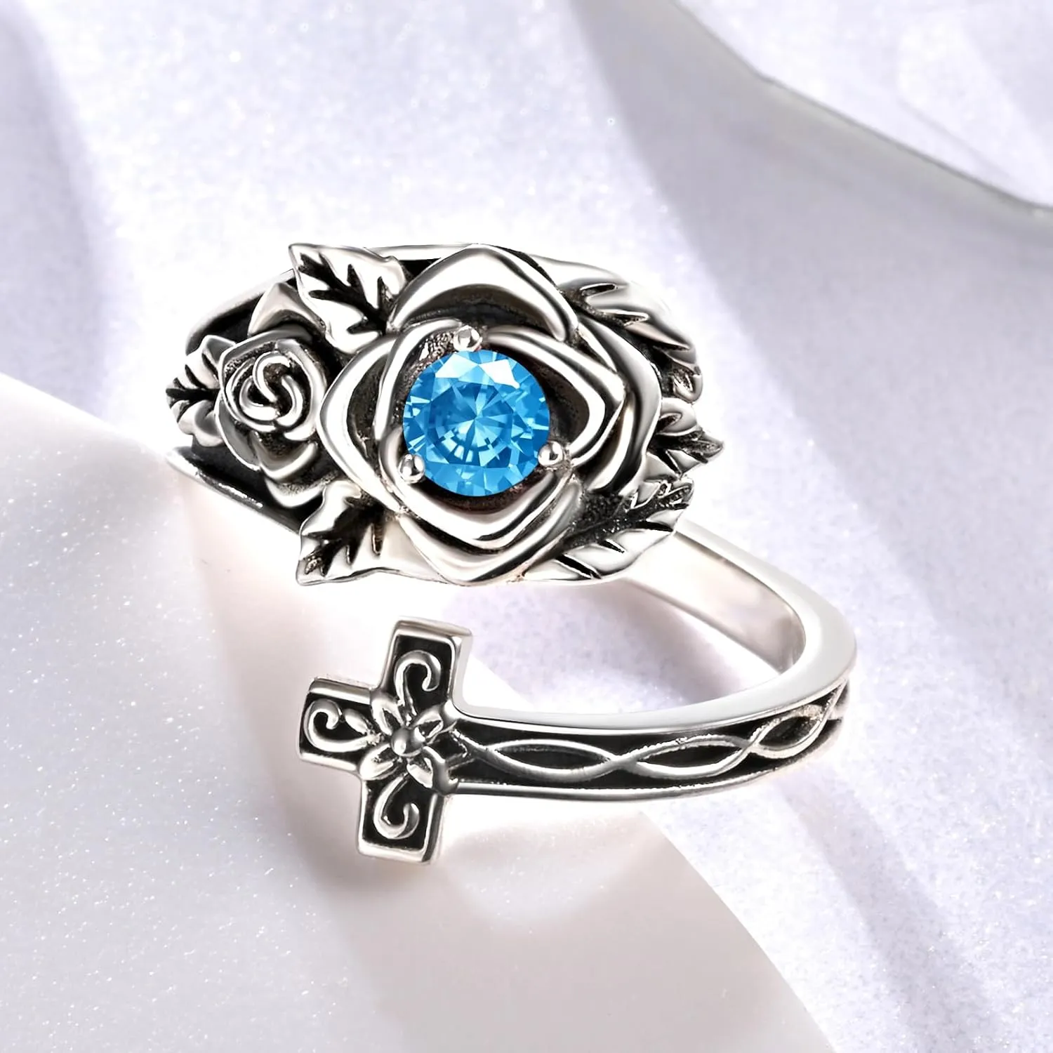Rose Birthstone Spoon Rings - Sterling Silver Cross Rings Antique Victorian Rings Gift