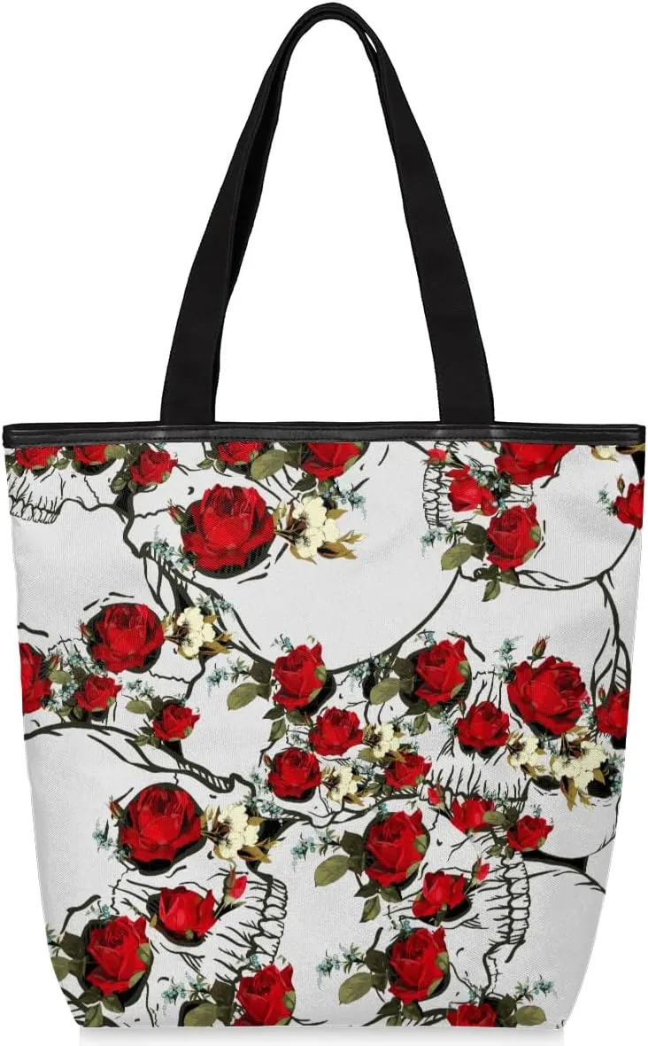 Rose Skulls Canvas Tote Bag with Zipper and Pockets Canvas Tote Shopping Bag Women Reusable Grocery Bag for Beach Travel Gym Shopping