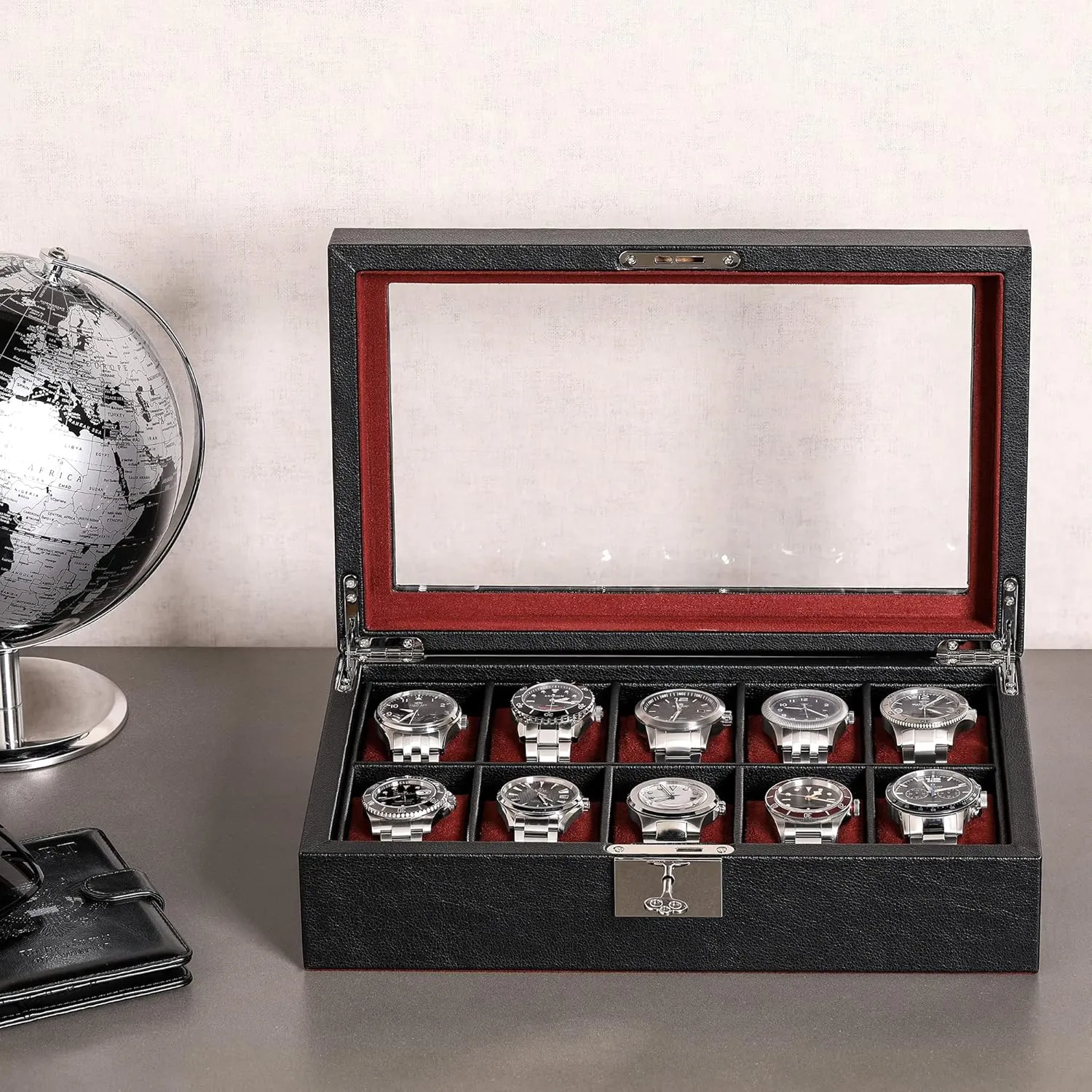 ROTHWELL 10 Slot Leather Watch Box - Luxury Case Display Jewelry Organizer - Locking Watch Display Case Holder with Large Glass Top - Box Organizer for Men and Women (Black/Red)