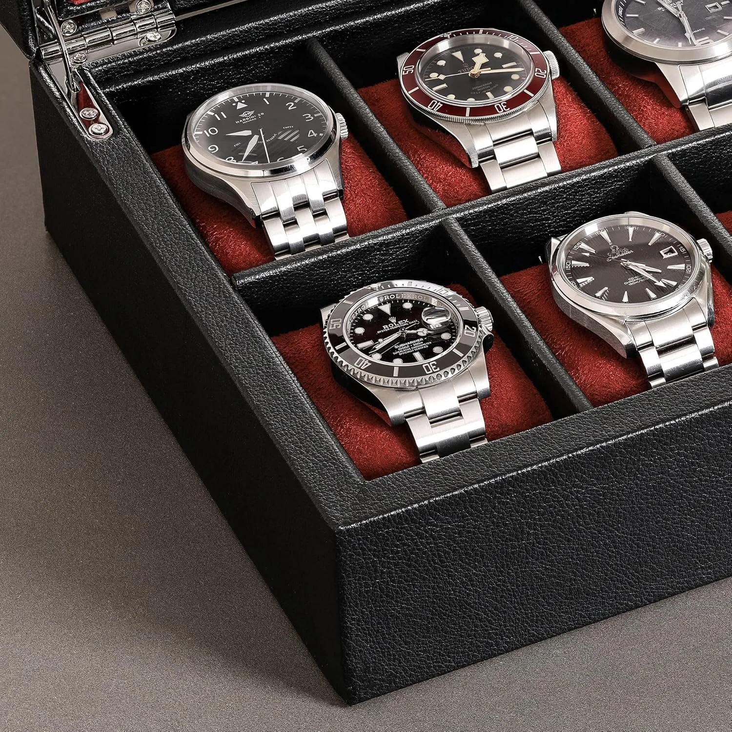 ROTHWELL 10 Slot Leather Watch Box - Luxury Case Display Jewelry Organizer - Locking Watch Display Case Holder with Large Glass Top - Box Organizer for Men and Women (Black/Red)