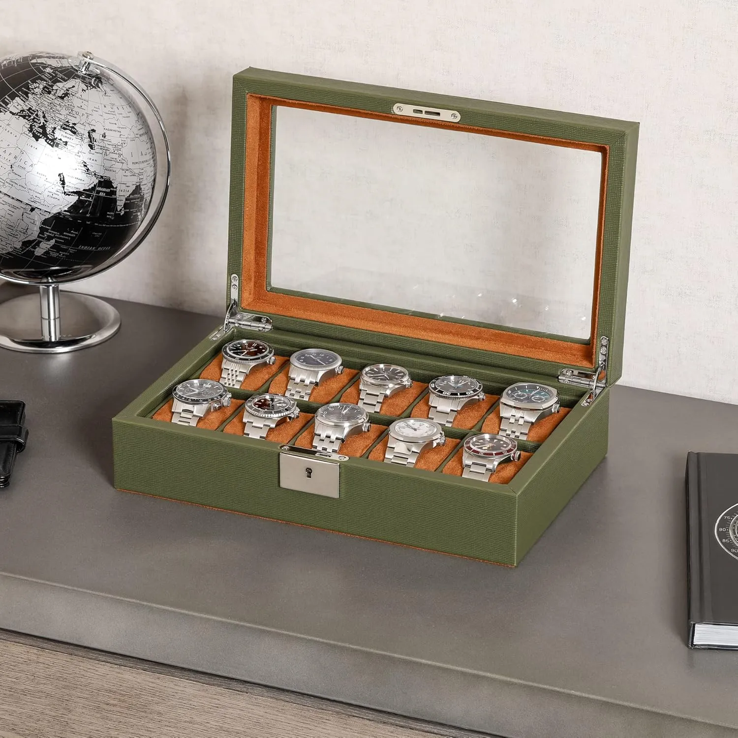 ROTHWELL 10 Slot Leather Watch Box - Luxury Case Display Jewelry Organizer - Locking Watch Display Case Holder with Large Glass Top - Box Organizer for Men and Women (Green/Tan)