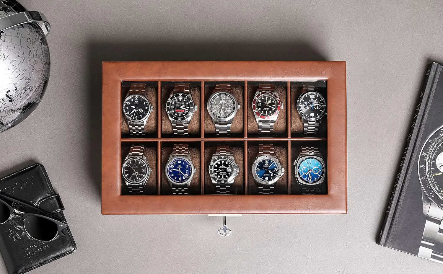 ROTHWELL 10 Slot Leather Watch Box - Luxury Case Display Jewelry Organizer - Locking Watch Display Case Holder with Large Glass Top - Box Organizer for Men and Women (Tan/Brown)