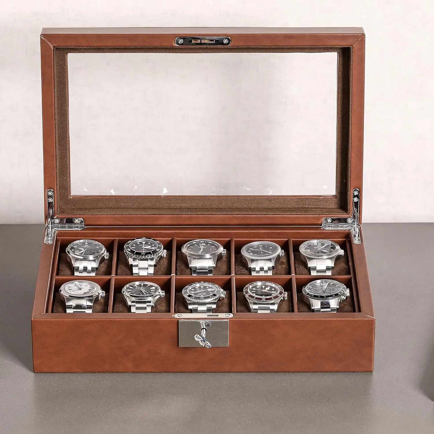 ROTHWELL 10 Slot Leather Watch Box - Luxury Case Display Jewelry Organizer - Locking Watch Display Case Holder with Large Glass Top - Box Organizer for Men and Women (Tan/Brown)