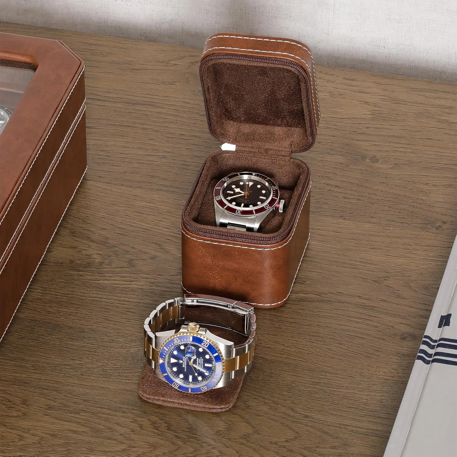 ROTHWELL Single Watch Travel Case | Compact PU Leather Protective Box with Microsuede Interior | Fits Watches & Smartwatches Up to 55mm (Tan/Brown)