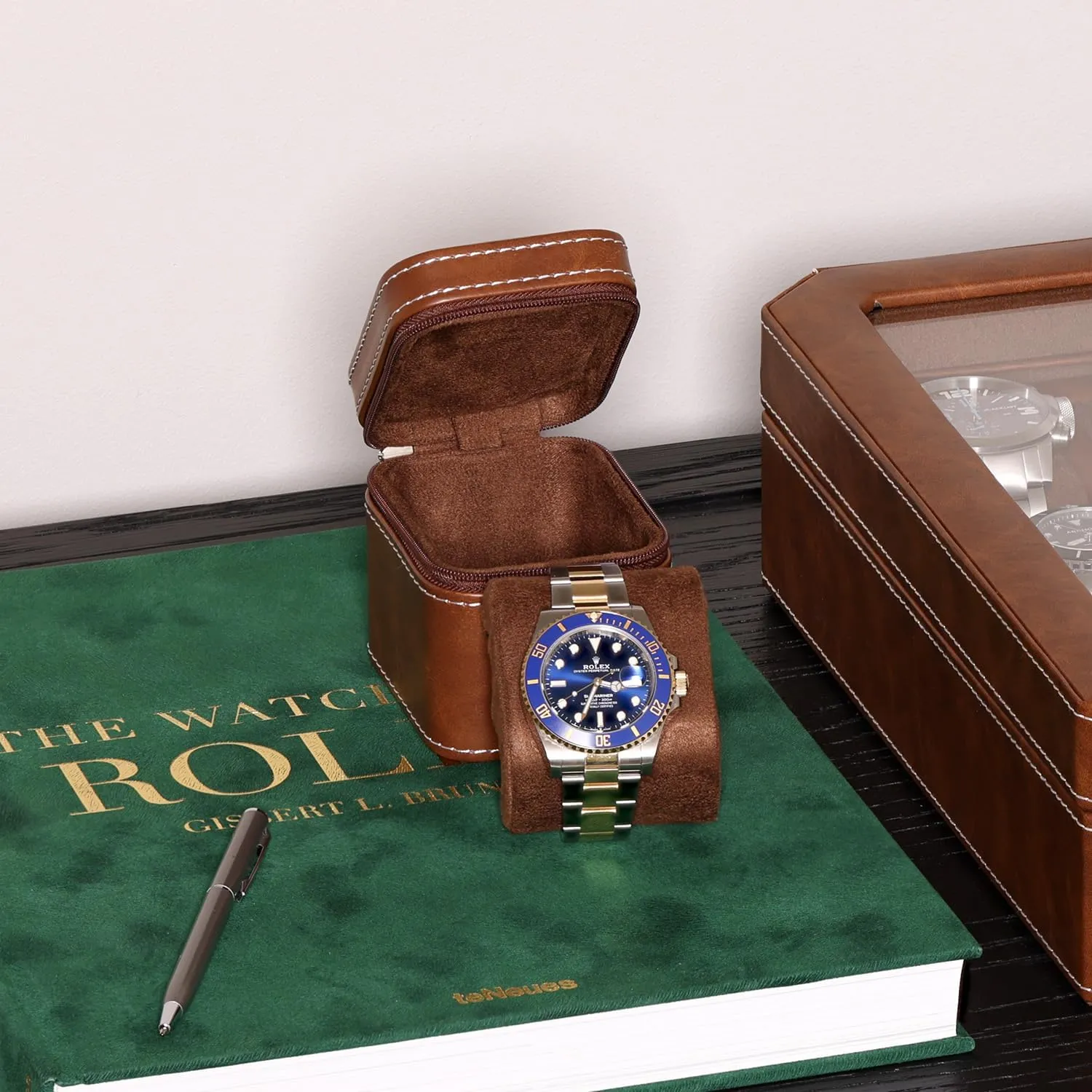 ROTHWELL Single Watch Travel Case | Compact PU Leather Protective Box with Microsuede Interior | Fits Watches & Smartwatches Up to 55mm (Tan/Brown)
